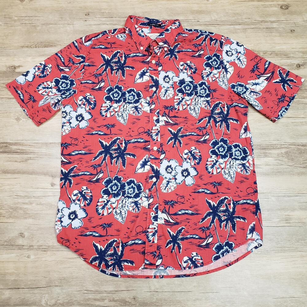 St. John's Bay Shirt Mens Large Red Floral Hawaiian Short Sleeve Cotton Casual